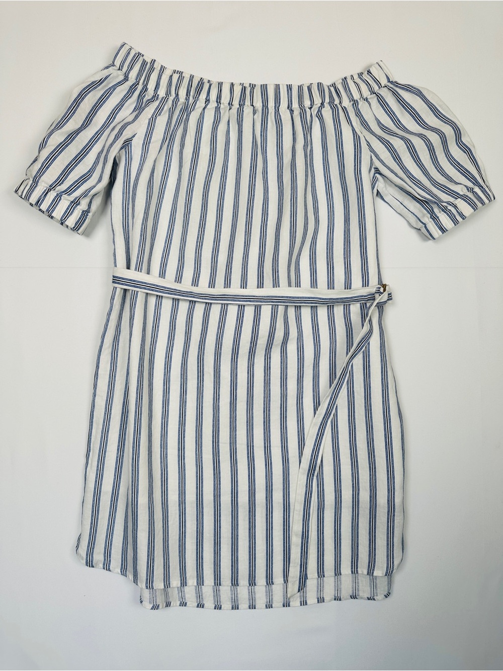 Michael Michael Kors Off Shoulder 100% Linen Mini Dress Blue White Stripe Size M